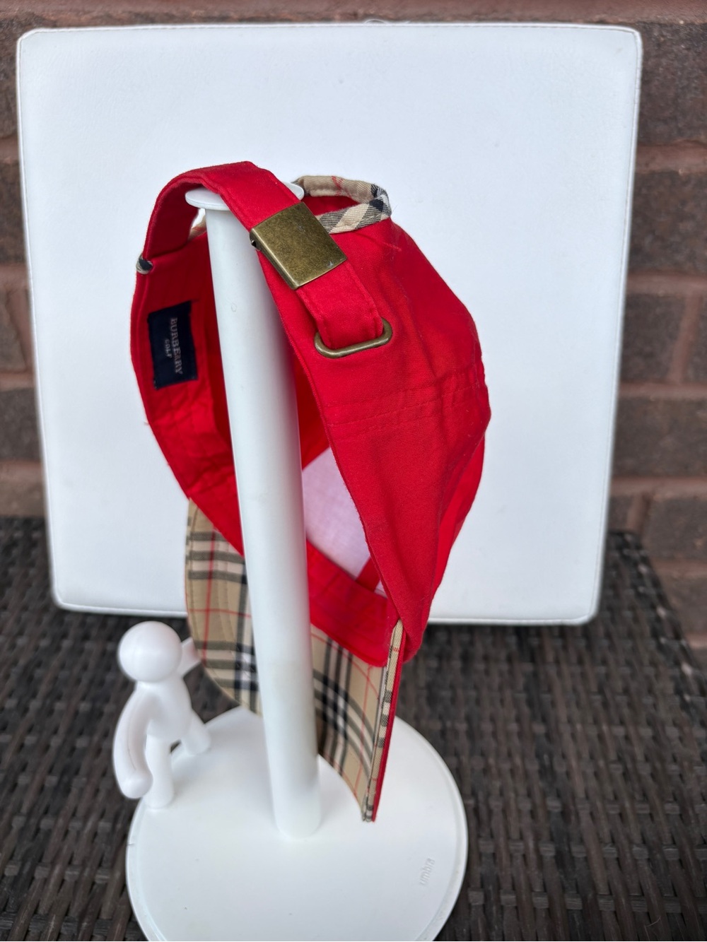 Burberry red  Cap with Tan Plaid Lining and Brass Hardware